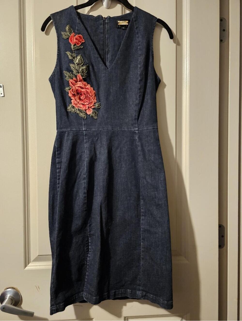 Alexia Admor Dark Denim Midi Dress with Rose Embroidery